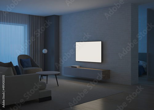Modern house interior. Evening lighting. Night. 3D rendering.