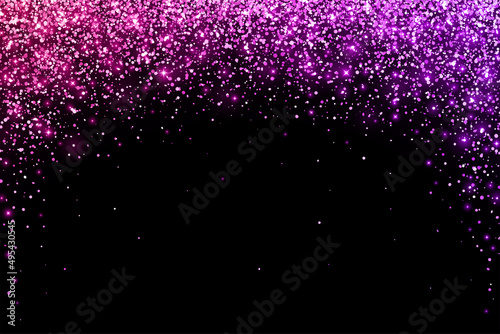 Pink violet holiday falling glitter particles round arch on black background. Vector
