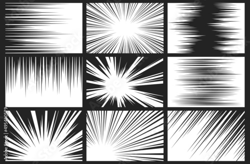 Comic book, manga or anime speed lines, zoom and motion effects. Cartoon superhero action background. Comics radial light flash, burst and fast movement vector set © ksania