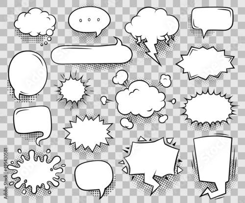 Retro comics speech bubbles in pop art style. Doodle dialogue balloons, thought clouds, sound explosions and splashes. Cool comic talk and sounds effect vector set with dotted halftone shadow