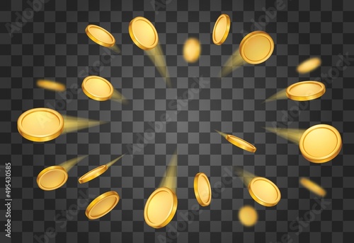Realistic 3d flying golden coins background, casino jackpot prize concept. Financial wealth symbol. Yellow gold coin explosion. Gambling game winner money rain vector illustration photo