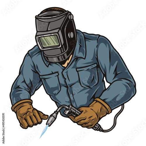 Welder in steel mask using torch