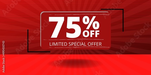 75% off limited special offer. Banner with seventy five percent discount on a red background with white square and red photo