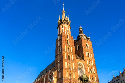 St. Mary's Basilica at sunset on the main market square in Krakow, Poland