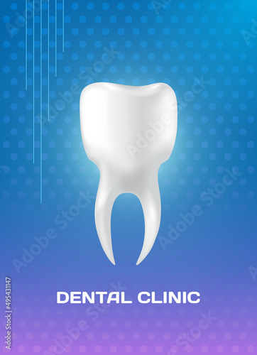 Dental clinic poster vector illustration. Advertising of hospital for teeth treatment. Medical services for installation of dental implant. Human gum with healthy teeth and denture on dentistry banner