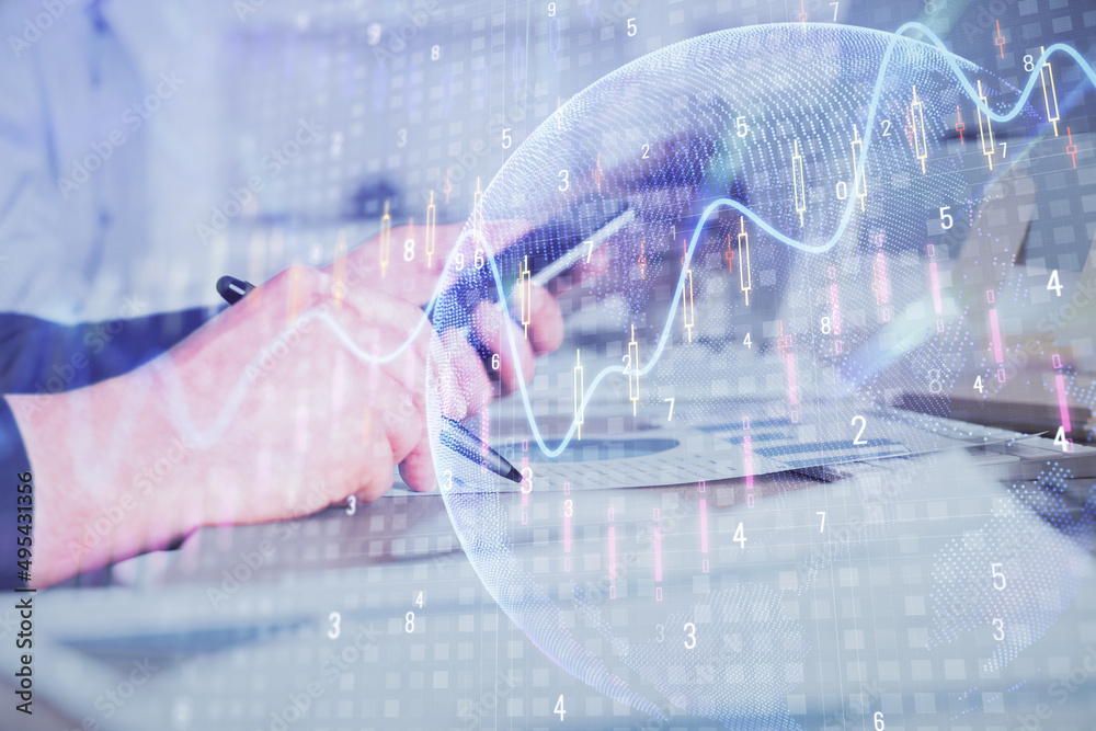 Double exposure of man's hands holding and using a phone and financial chart drawing. Market analysis concept. Double exposure of man's hands holding and using a phone and financial chart drawing. Market analysis concept.