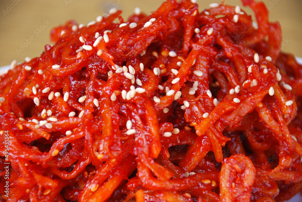 Side dish of squid greens red pepper paste