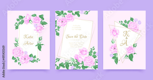 Wedding Card. Engagement Invitation with Elegant Rose. Summer Leaf Wreath. We...