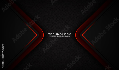 3D black techno abstract background overlap layer on dark space with orange light stripe effect decoration. Graphic design element future style concept for flyer, card, brochure cover, or landing page