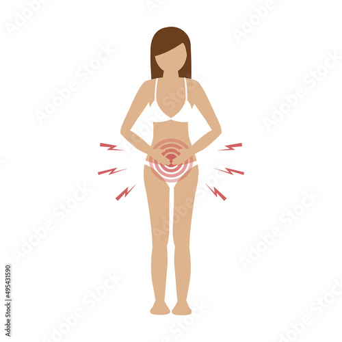 young woman with abdominal pains isolated on white background