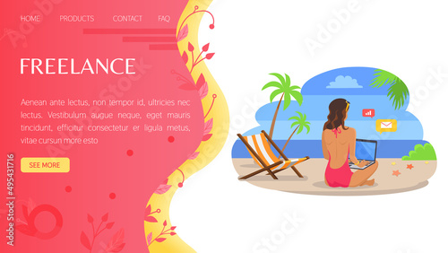 Website for freelance or remote works on computer from home office template. Convenient schedule of work during holiday or weekends. Girl freelancer working remotely while relaxing at summer resort