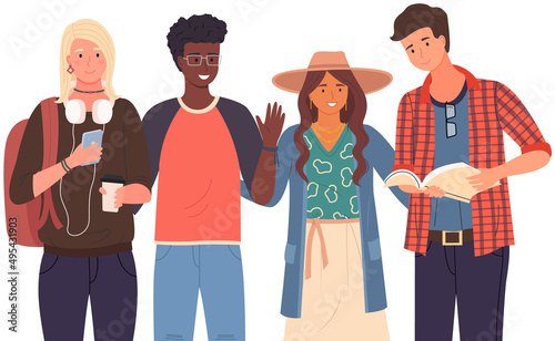 Diverse college, university students standing in line. Group of young people, multicultural men and women. Multinational couples, students of educational institution, university with books and laptops