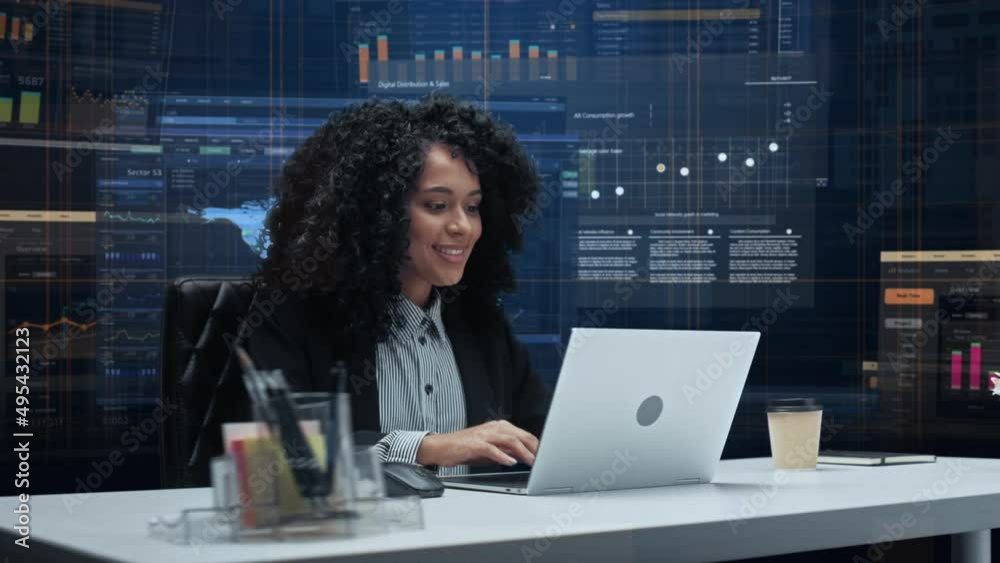 Office Manager with Animated Virtual Background: Businesswoman Sitting at a Desk Working on Laptop Computer. Black Female Working with Big Data Finance Analysis. 360 Degree Shot. Camera Moving Around.