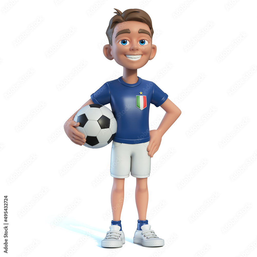 Little boy football player wearing a Italy national team kit, shirt and shorts. Cartoon character as Italy soccer team mascot 3d rendering
