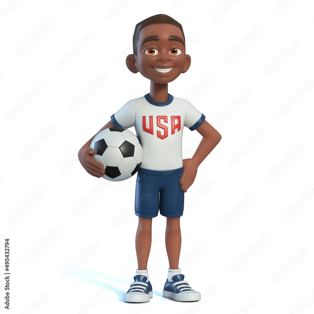 Little boy football player wearing a USA national team kit, shirt and shorts. Cartoon character as American soccer team mascot 3d rendering