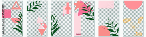 Social media covers with simple design elements . Boho style . Leaves . Post frame stories templates.  Layout for promotion .Media banner .Vector