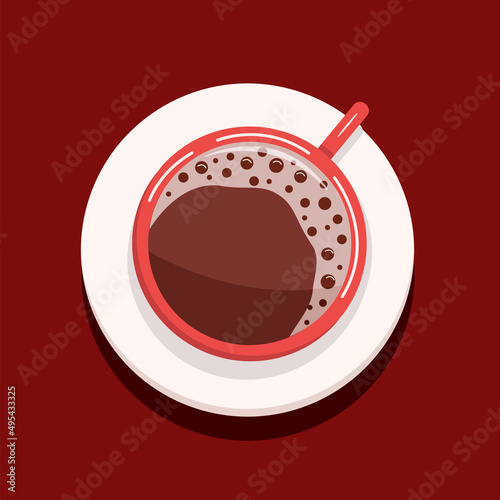 Espresso coffee with foam in a red cup and saucer. Top view, vector cartoon illustration in a flat style.