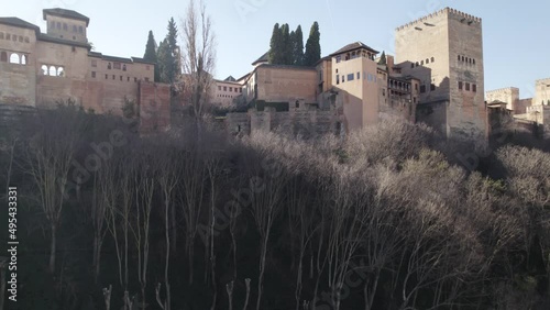 Alhambra complex, palace and walled fortress, Granada, Spain. Pedestal aerial wide view photo