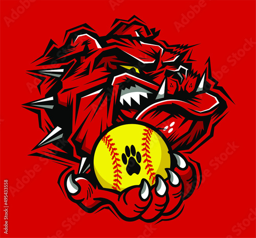 mean bulldog mascot holding softball for school, college or league