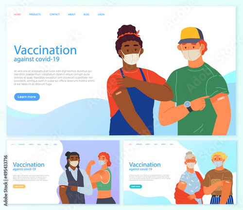 Stop coronavirus agitation concept. Vaccination promo, immunization of workers. Vaccine saves lives. People wearing protective mask showing their arm with bandage after receiving covid-19 vaccine