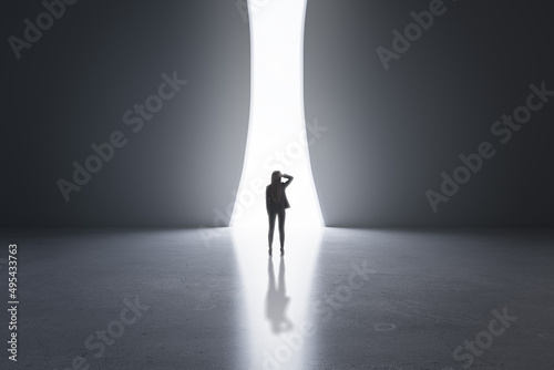 Tableau sur toile Back view of young businesswoman in concrete interior with bright opening window and mock up place on walls