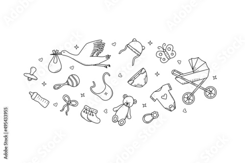 Newborn icons set doodle style. Vector illustration of elements for a baby.