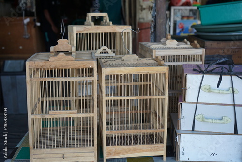 wooden bird cage on display at the bird shop © hery