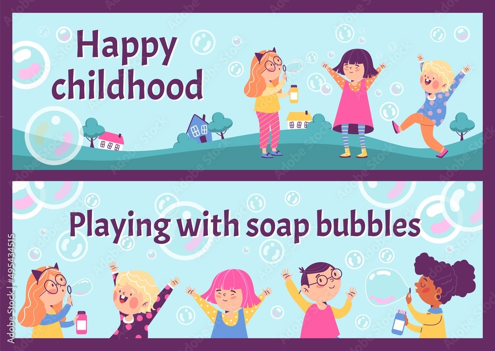 Cute group of children playing with soap bubbles, vertical banner template - flat vector illustration. Cute group of children playing with soap bubbles, vertical banner template - flat vector illustration.