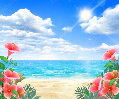 太陽の光差し込む青い空の下、浜辺にハイビスカスの咲く夏の海の煌めくおしゃれフレーム背景素材