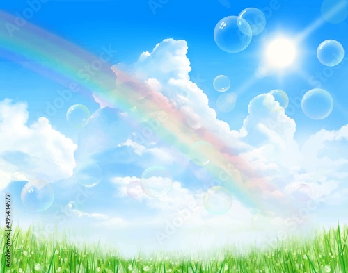 光り輝く太陽と入道雲のある虹のかかった青空にシャボン玉の飛ぶ新緑の美しい若葉の初夏フレーム背景素材
