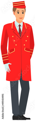 Young man working as bellboy. Hotel employee in work clothes. Personnel for carrying luggage and opening doors. Doorkeeper, doorman, receptionist, porter in red uniform isolated on white background