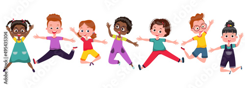 Vector illustration of kids playing, happy cute kids boy and girl jumping