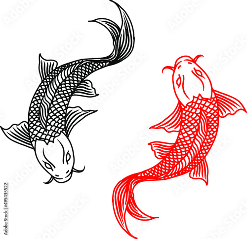 Design Vector Outline Two Koi Fish Black and Red Line