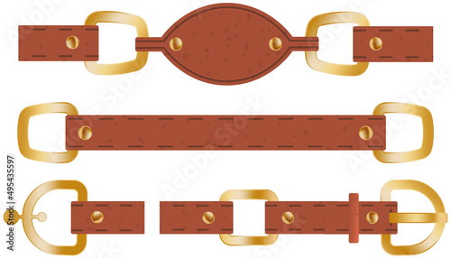 Brown leather belt set with buttoned steel buckle with metal rivet accessories isolated on white background. Vector fashion clothing accessory strong belt in cartoon flat style, unbuttoned strap photo