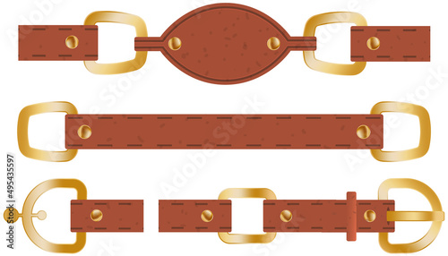 Brown leather belt set with buttoned steel buckle with metal rivet accessories isolated on white background. Vector fashion clothing accessory strong belt in cartoon flat style, unbuttoned strap