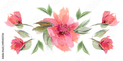 Pink floral chaplet composition with delicate rose flowers and leaves photo