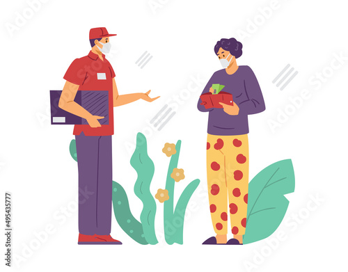 People wearing face mask and paying cash for delivery, flat vector illustration isolated on white background.