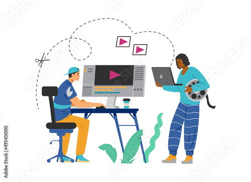 Video studio animators and motion designers flat vector illustration isolated.