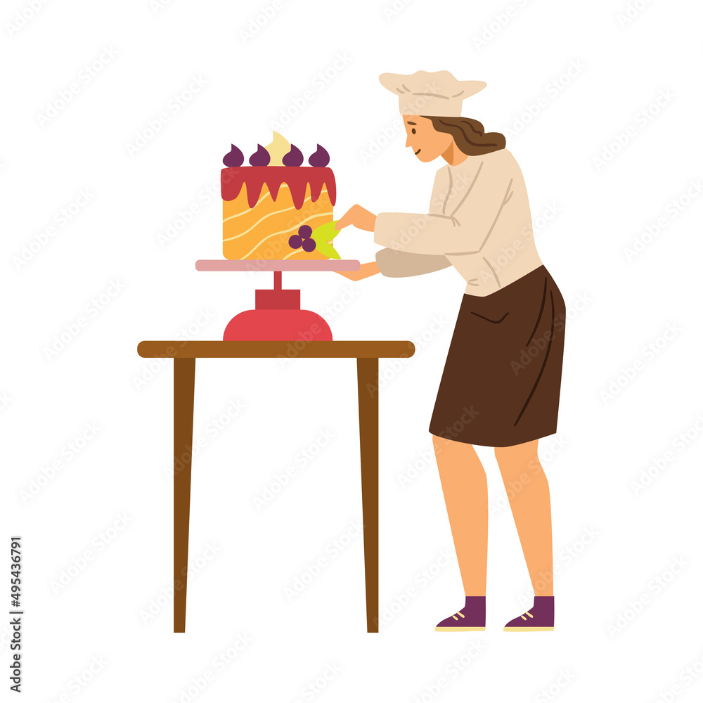 Baker woman decorates cake in pastry shop, flat vector illustration isolated. Baker woman decorates cake in pastry shop, flat vector illustration isolated.