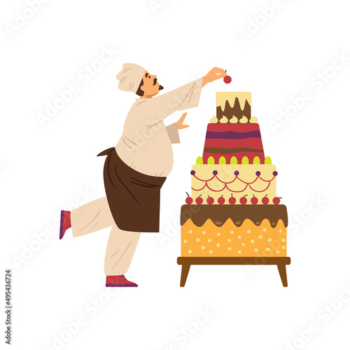 Pastry cook or confectioner decorates cake, flat vector illustration isolated.