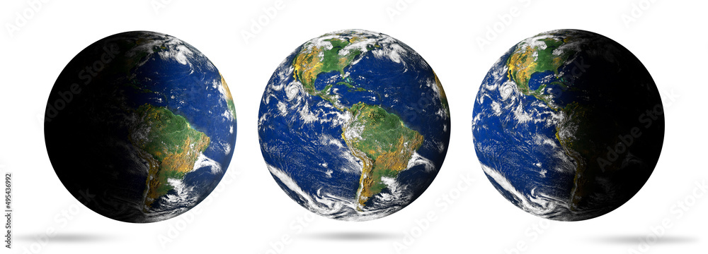 An image of our planet Earth on white with clipping path. Part of the land is in shadow. Day and night on earth.