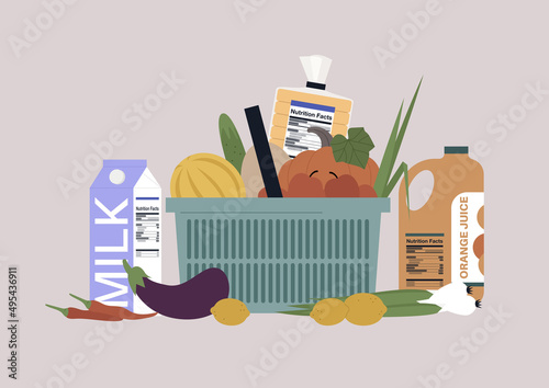 A supermarket basket with fruits, vegetables, bread, and milk, daily grocery shopping