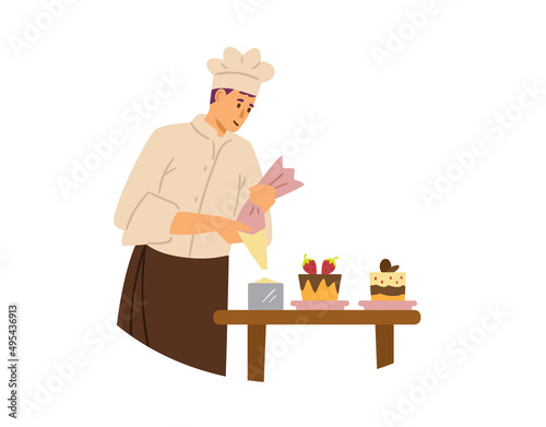 Baker or confectioner decorating cakes, flat vector illustration isolated.