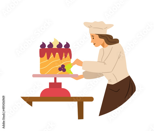 Professional confectioner decorates huge cake flat vector illustration isolated.
