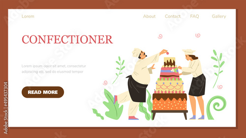 Confectioner and pastry-shop professional website, flat vector illustration.