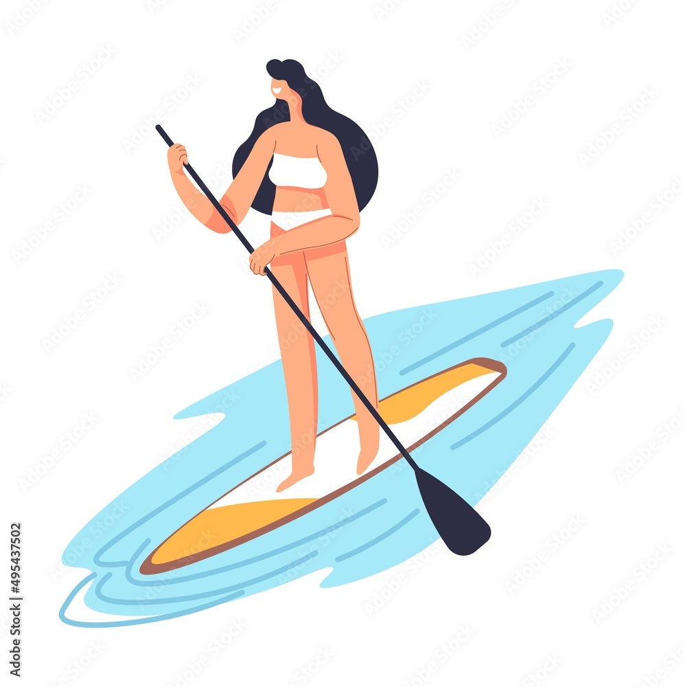 Woman on sup board, summertime vacation resting