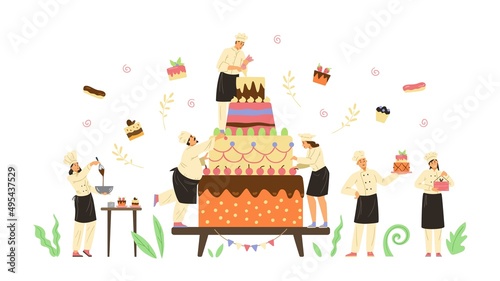 Banner with confectioners characters and cake flat vector illustration isolated.