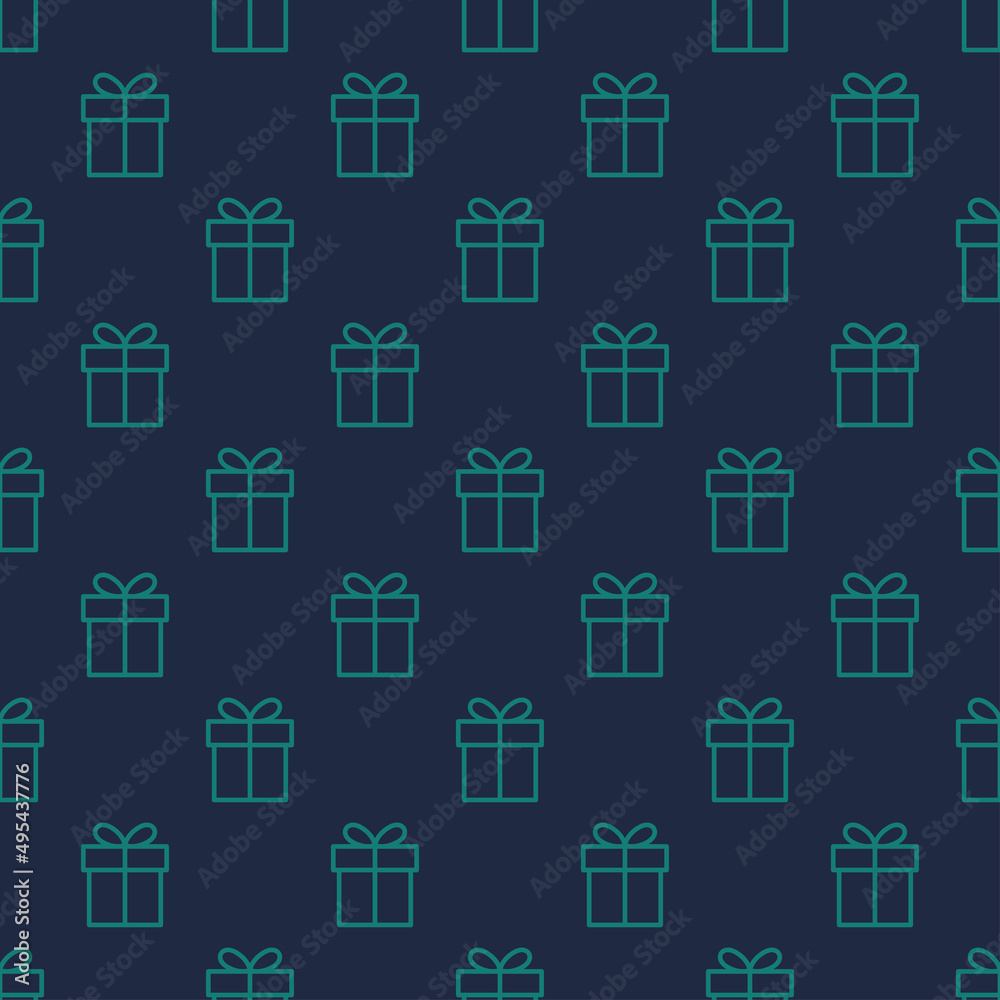 Green outline gift box seamless pattern with navy background.