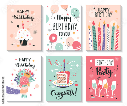Happy birthday greeting card and party invitation templates. Hand drawn vector illustration. photo