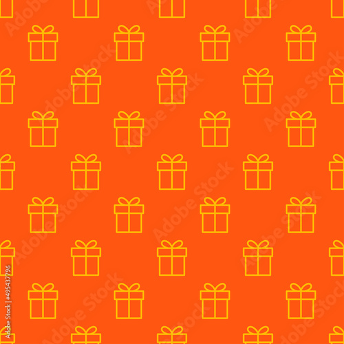 Yellow gift box seamless pattern with orange background.
